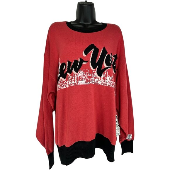 RVCA STELLA MAXWELL Skyline Sweater Sz L Red Black Colorblock New York Graphic - Picture 4 of 16
